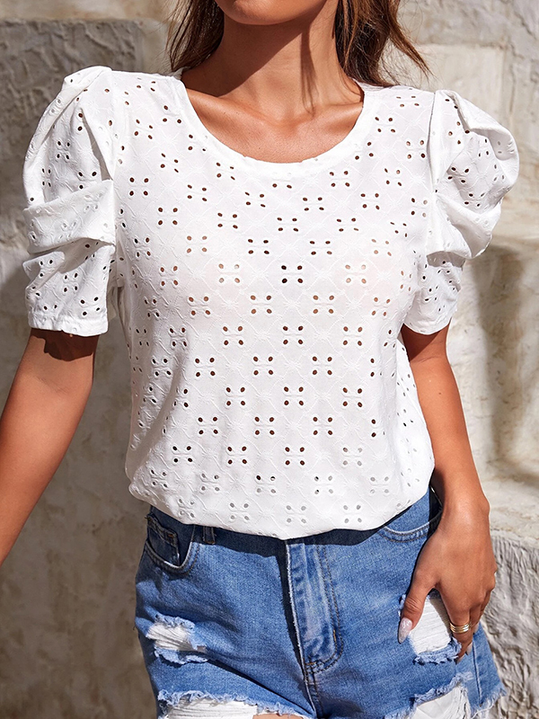 Loose Short Sleeves Hollow Pleated Solid Color Round-Neck T-Shirts Tops