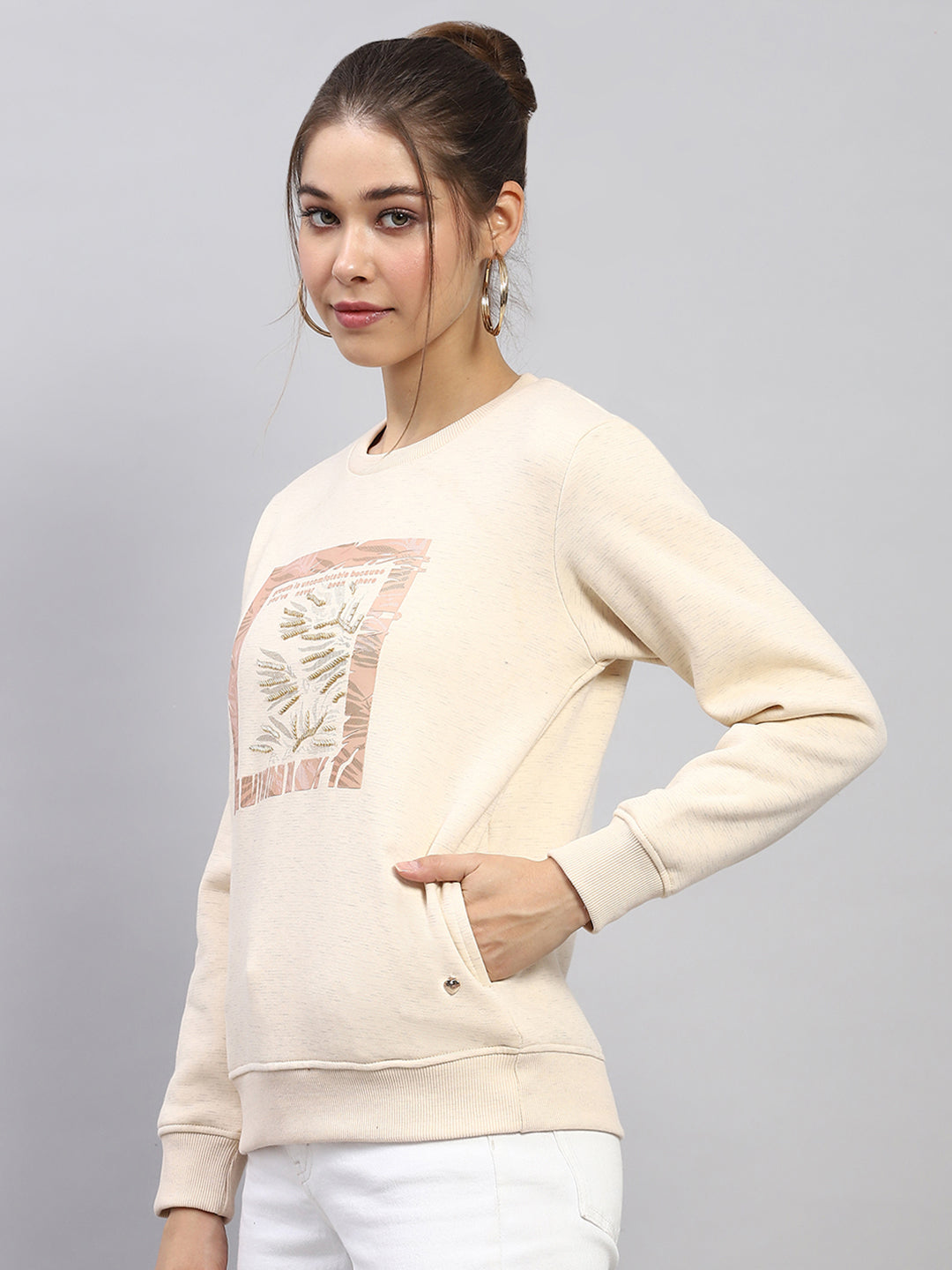 Women Beige Printed Round Neck Full Sleeve Sweatshirt