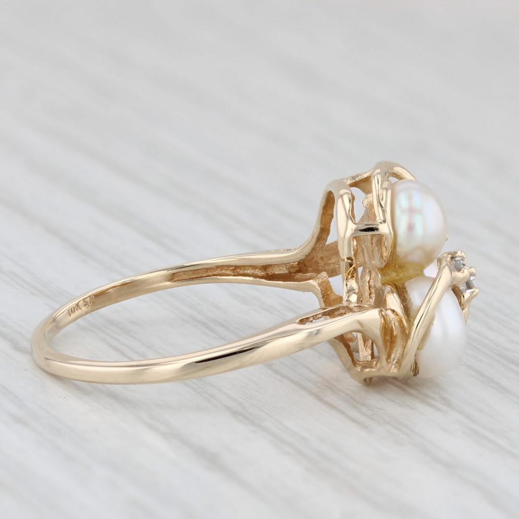 Cultured Pearl 3-Stone Diamond Ring 10k Yellow Gold Size 7.5