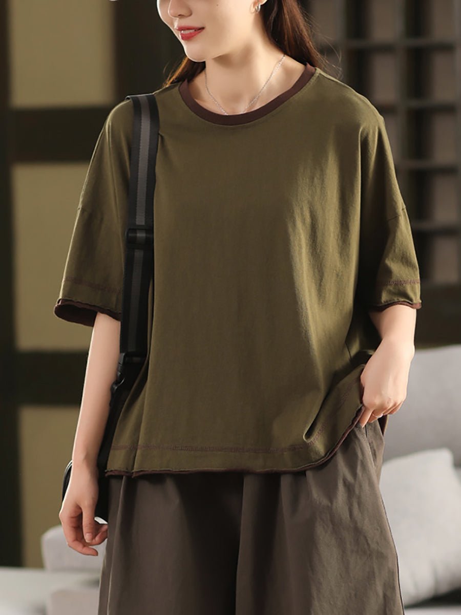 Women Summer Colorblock O-Neck 100%Cotton Shirt