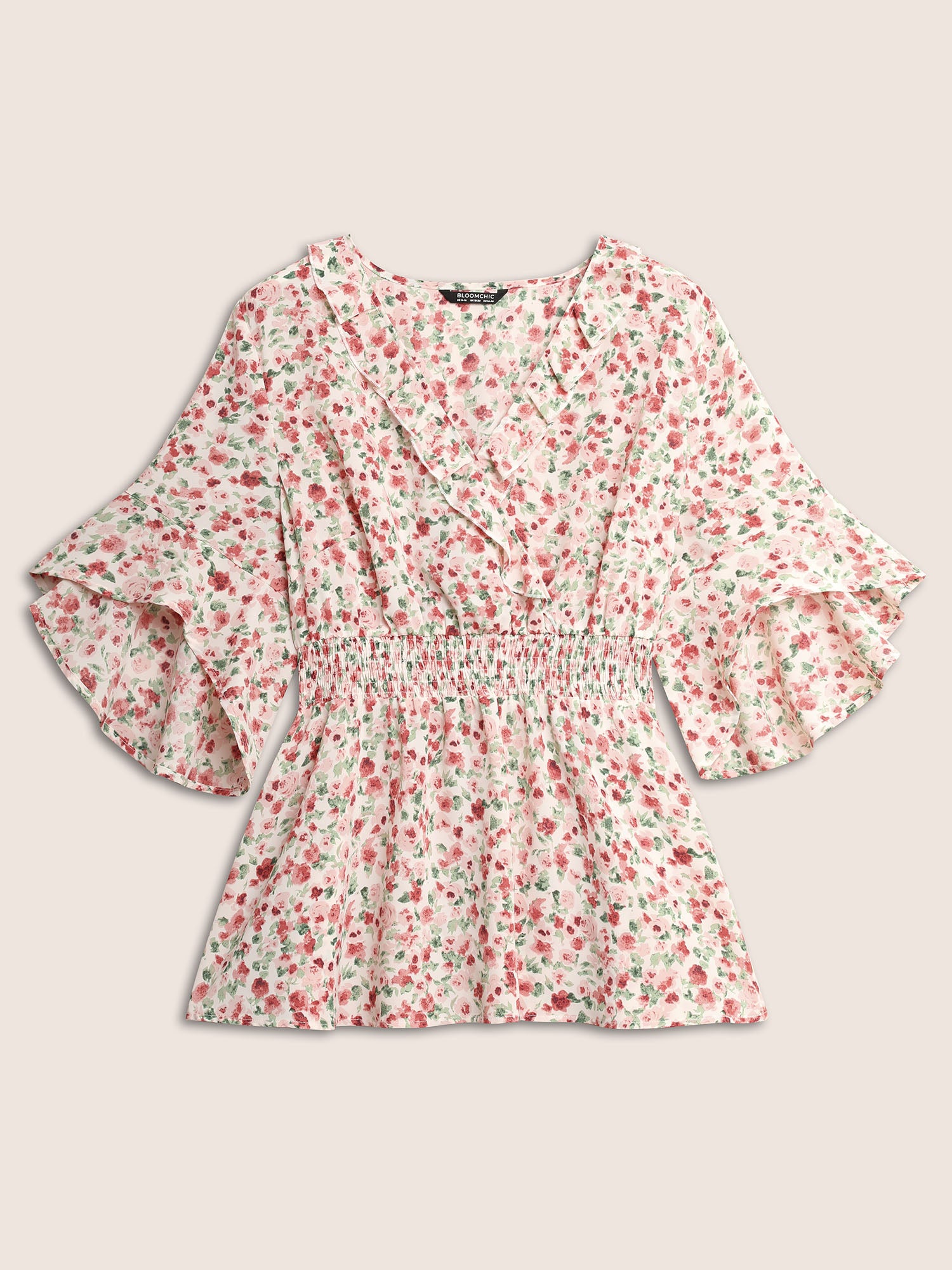 Ditsy Floral Overlap Collar Ruffles Shirred Blouse