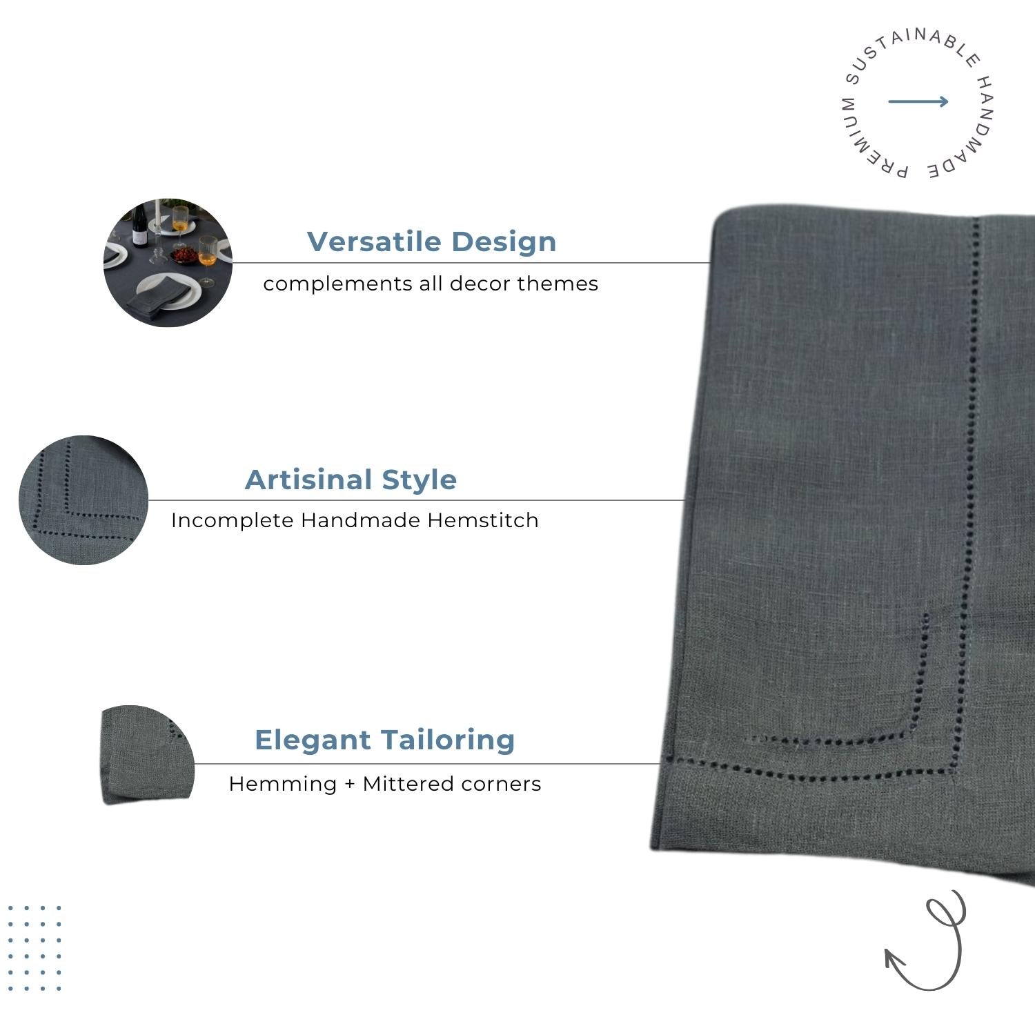 Charcoal Gray 100% Linen Incomplete Hemstitch Napkins