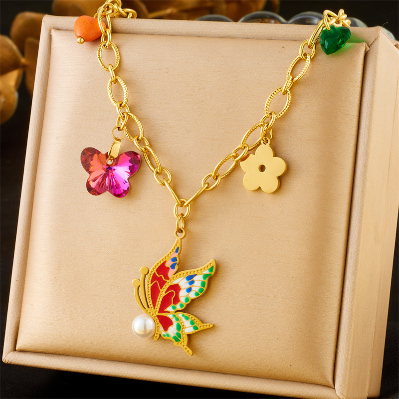 Fashion Colorful Dopamine Oil Drop Rainbow Flower Accessories Pendant Eye Butterfly Chain Stainless Steel Necklace