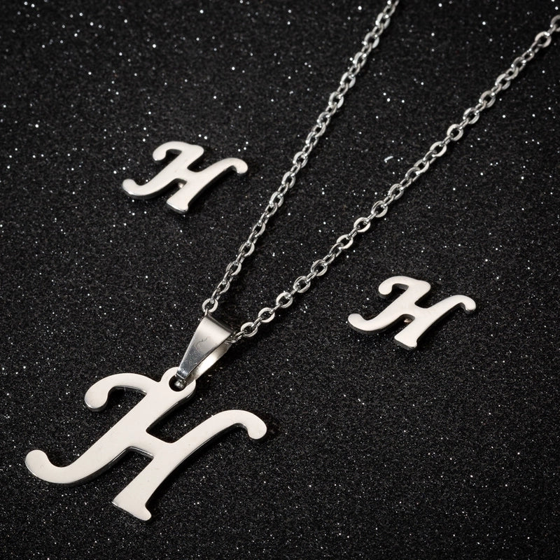 Women's Fashion Minimalist Letter Stainless Steel Pendant Necklace Ear Studs Plating Jewelry Sets
