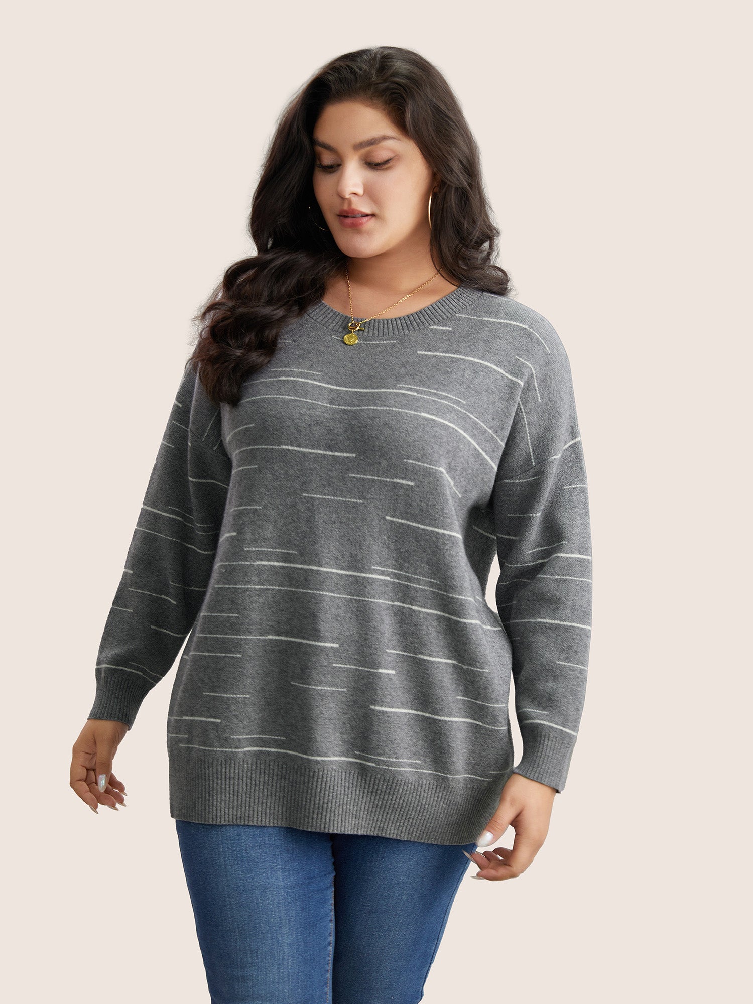 Supersoft Essentials Asymmetrical Striped Round Neck Pullover