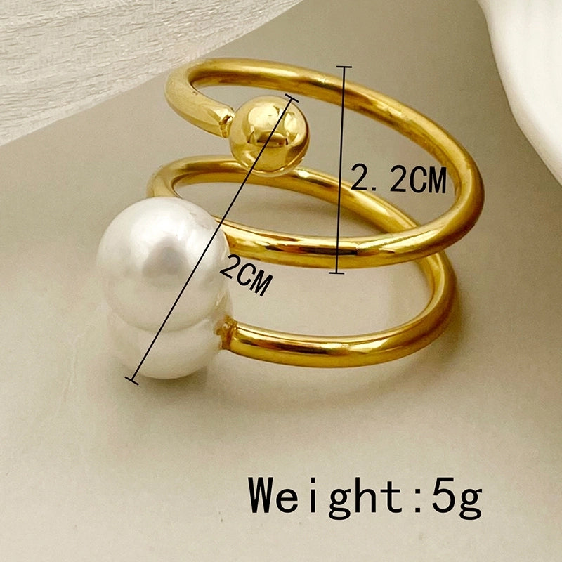 Elegant Baroque Style Modern Style Round Palm 304 Stainless Steel Pearl 14K Gold Plated Asymmetrical Inlay Rings