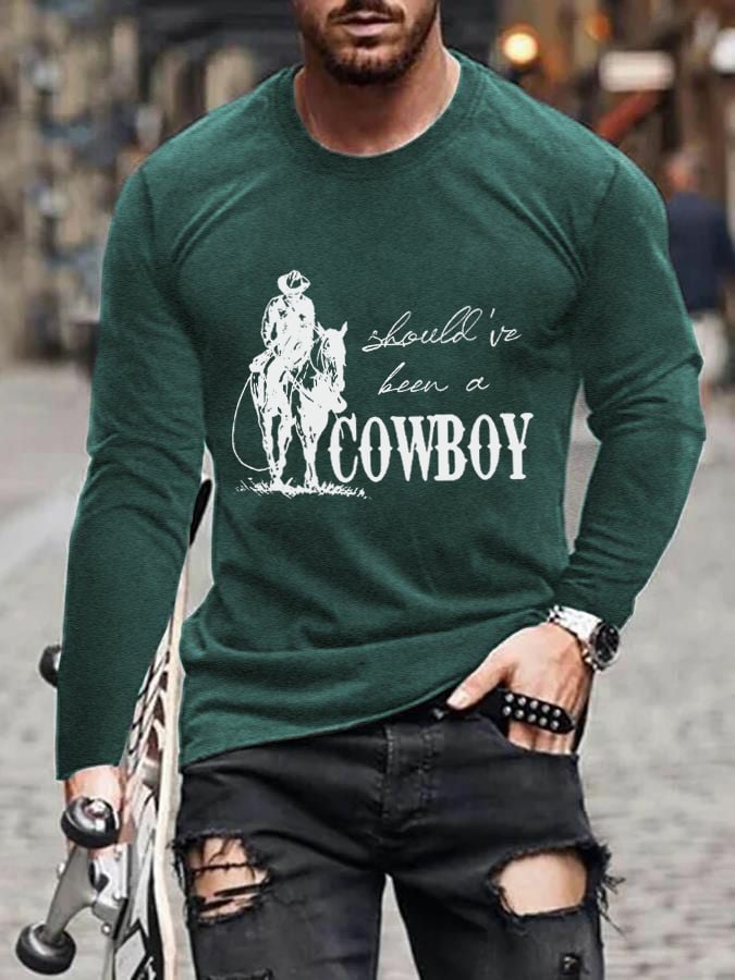 Men's Should've Been A Cowboy RIP Keith Country Music Print Casual Long Sleeve T-Shirt