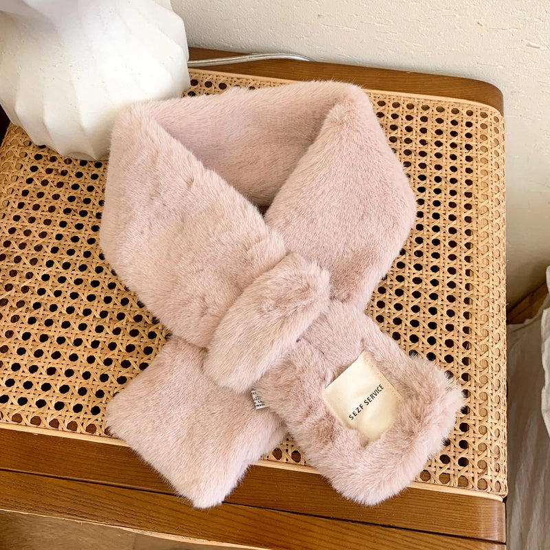 White Logo Plush Collar Scarf For Women Autumn And Winter  Warm Fashion All-match Cross Scarf