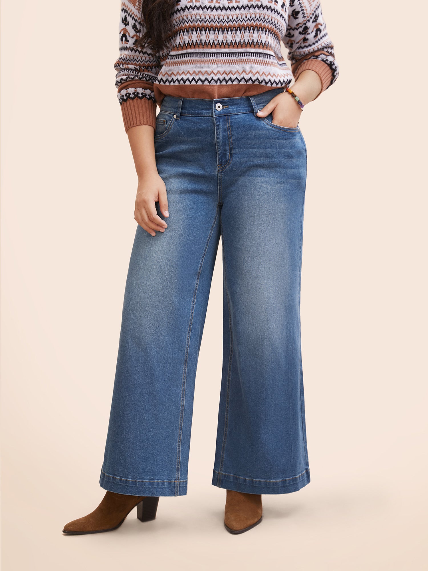 Stretch Denim Wide Leg Cut Jeans