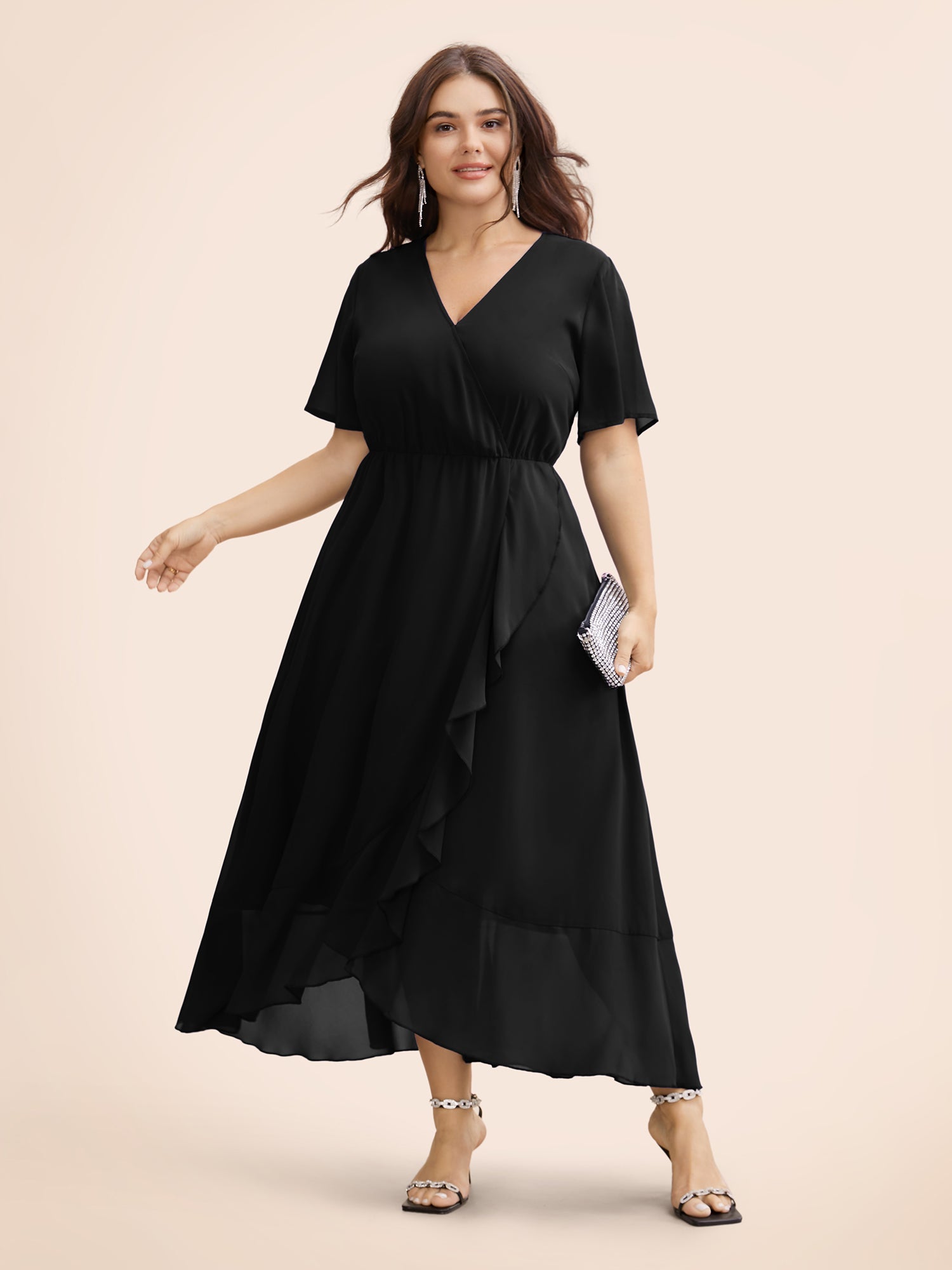 Chiffon Overlap Collar Ruffle Sleeve Dress