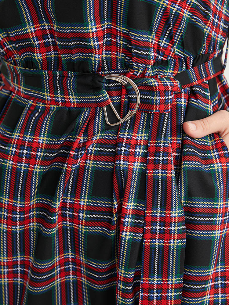 Tartan Lantern Sleeve Pocket Belted Midi Dress