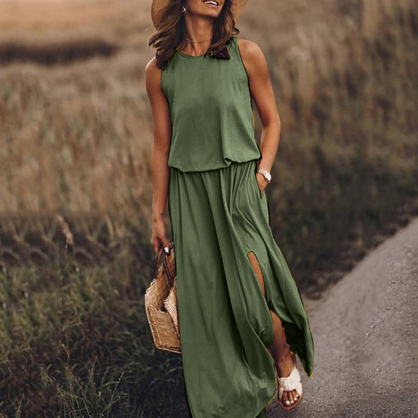 🔥Summer Hot Sales - 49% OFF👗Women Sleeveless Solid Round Neck Summer Maxi Dress