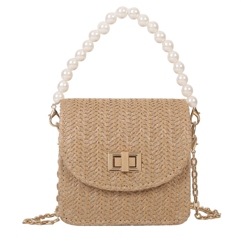 Women's Mini Straw Solid Color Elegant Pearls Lock Clasp Straw Bag