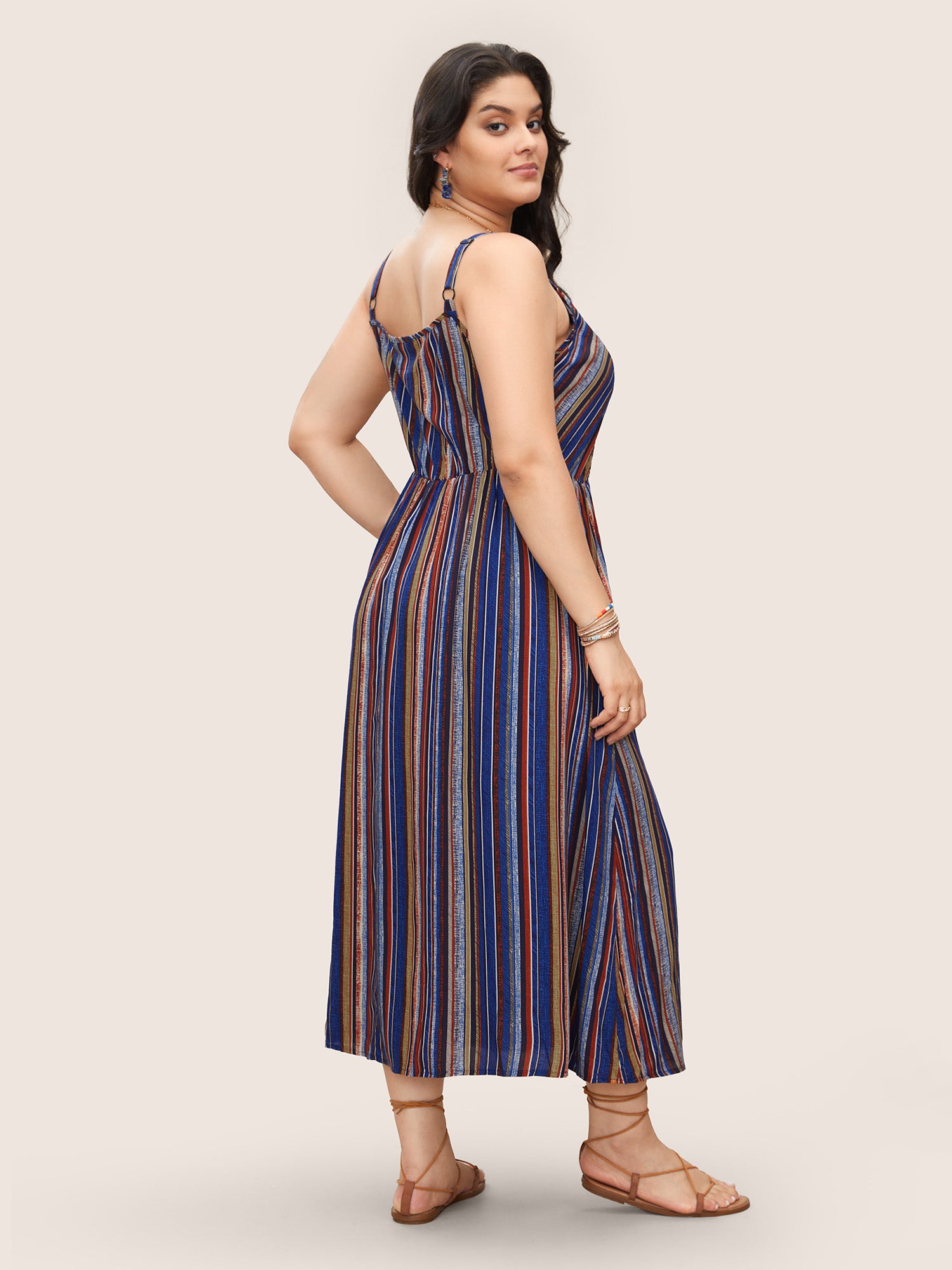 Striped Contrast Pocket Split Ruffle Hem Spaghetti Strap Dress