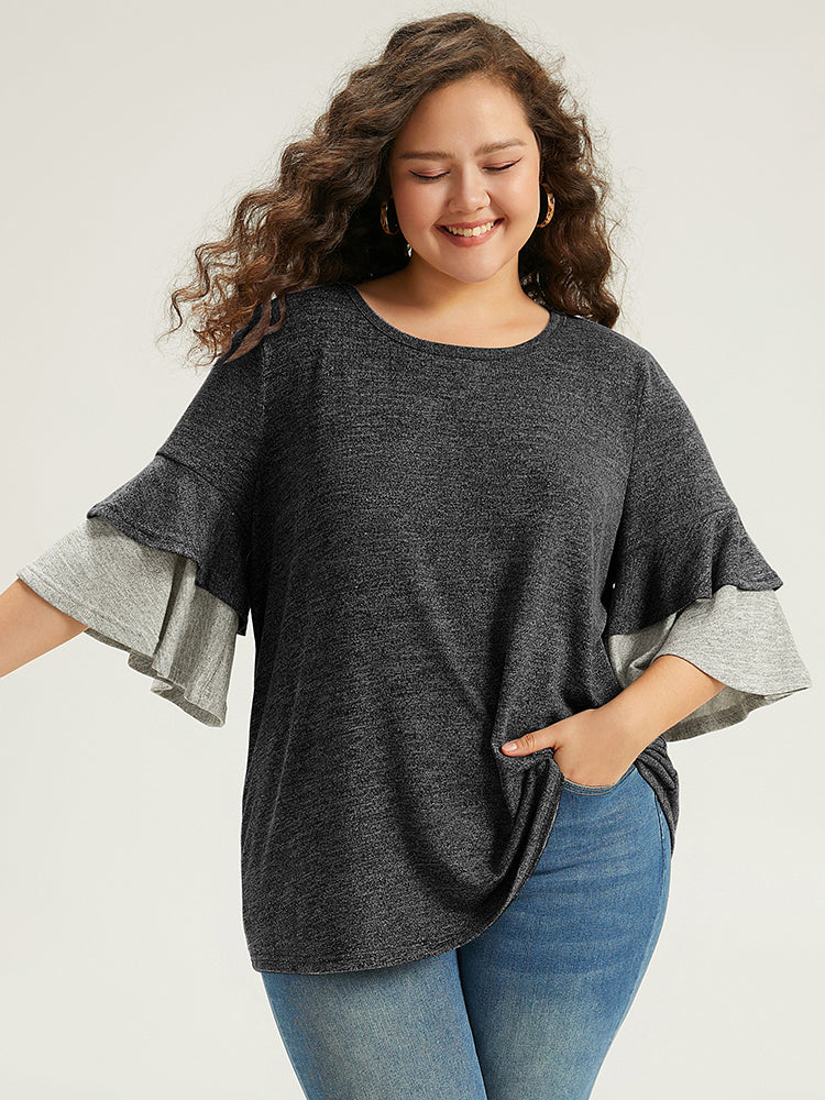 Contrast Layered Flutter Sleeve T-shirt