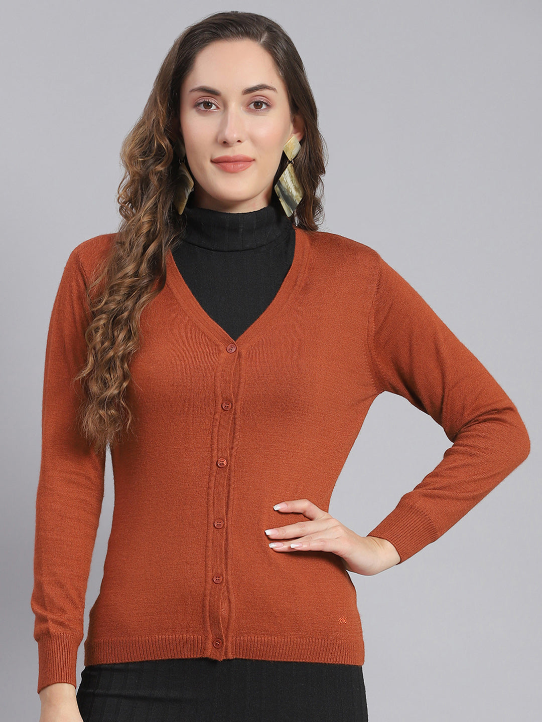 Women Rust Solid V Neck Full Sleeve Cardigan