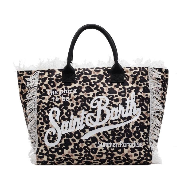Women's Cloth Letter Leopard Streetwear Tassel Square Open Tote Bag