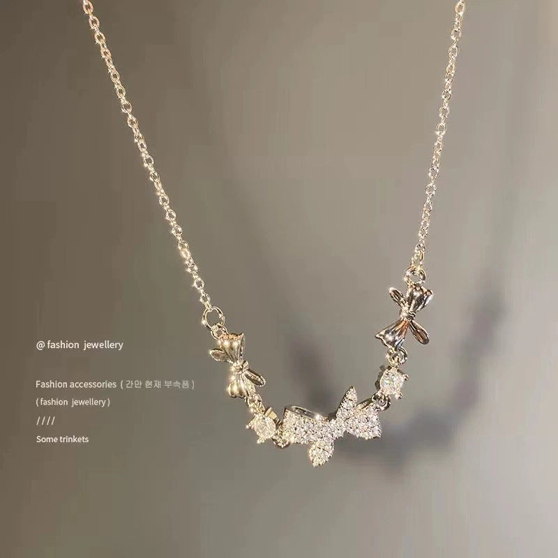 Minimalist Heart Shape Bow Knot Titanium Steel Inlay Zircon Pendant Necklace