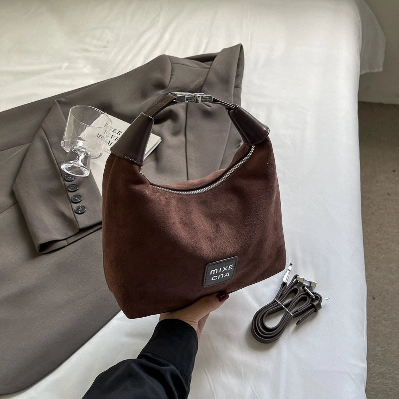 Women's Suede Solid Color Vintage Style Dumpling Shape Zipper Shoulder Bag Handbag Crossbody Bag