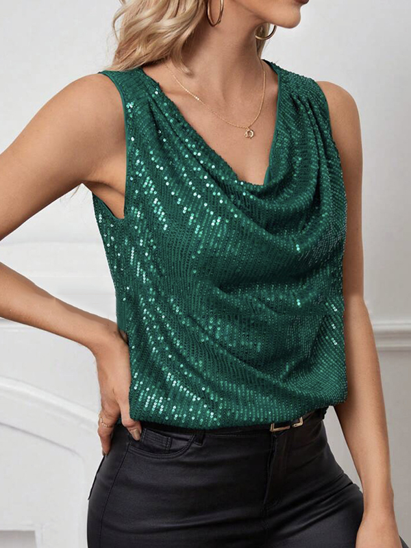 Loose Sleeveless Sequined Shiny Solid Color Split-Joint V-Neck Vest Top