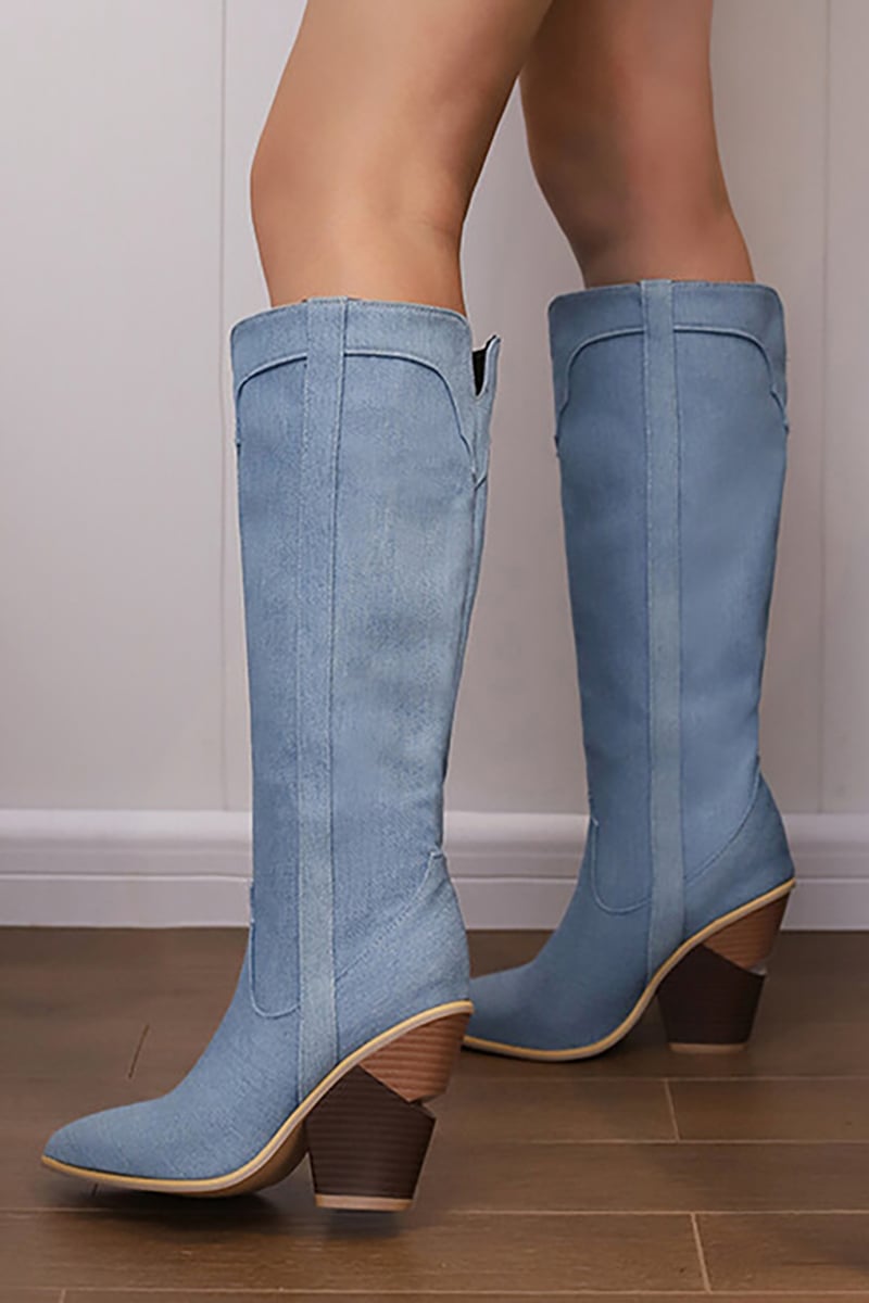Stitching V Groove Pointy Toe Western Knee High Chunky Boots
