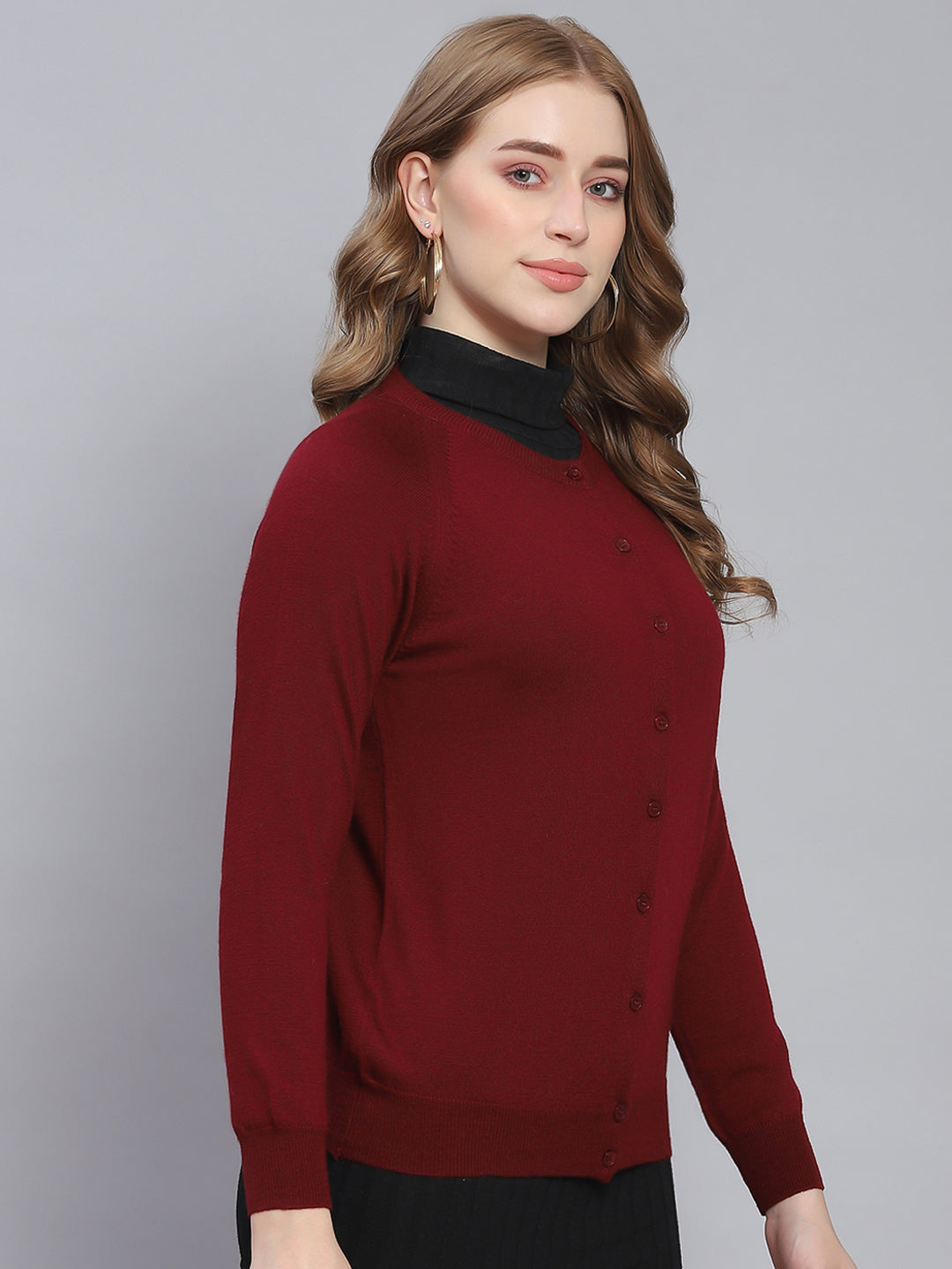 Women Maroon Solid Round Neck Full Sleeve Cardigans