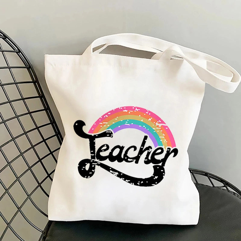 Women's Medium Canvas Letter Rainbow Preppy Style Classic Style Square Zipper Canvas Bag
