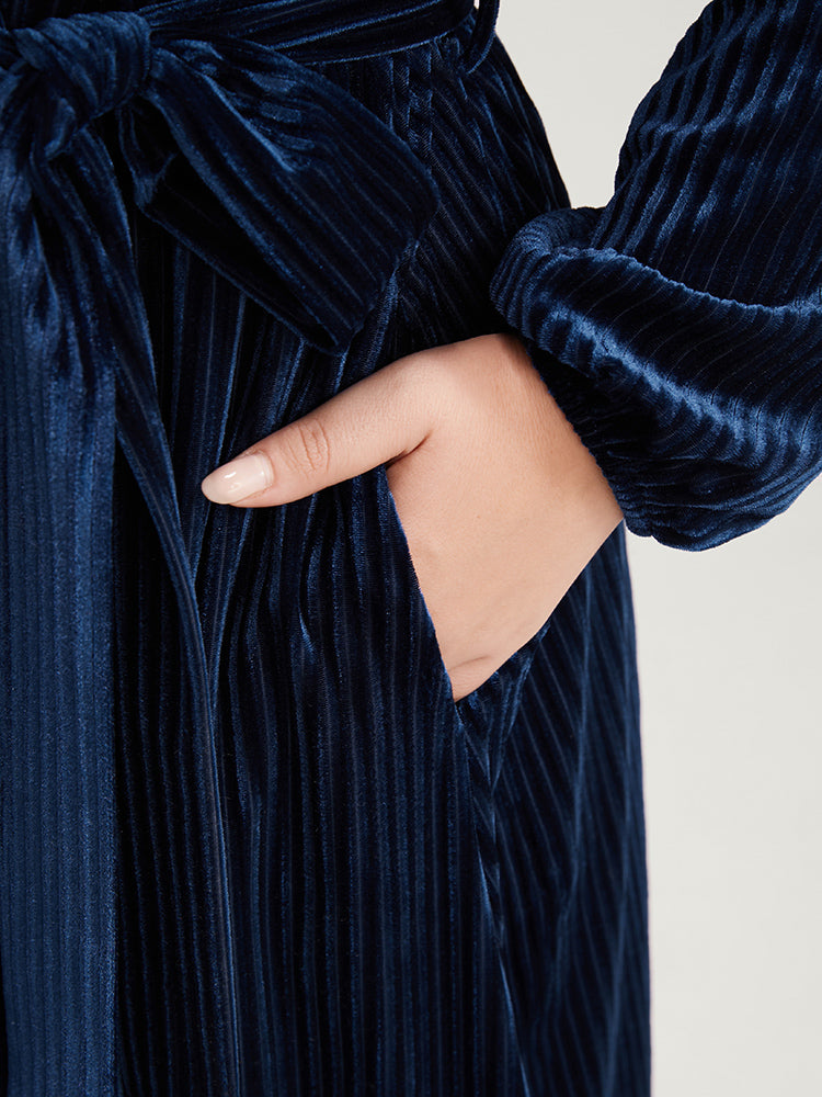 Striped Velvet Pocket Lantern Sleeve Belted Wrap Dress