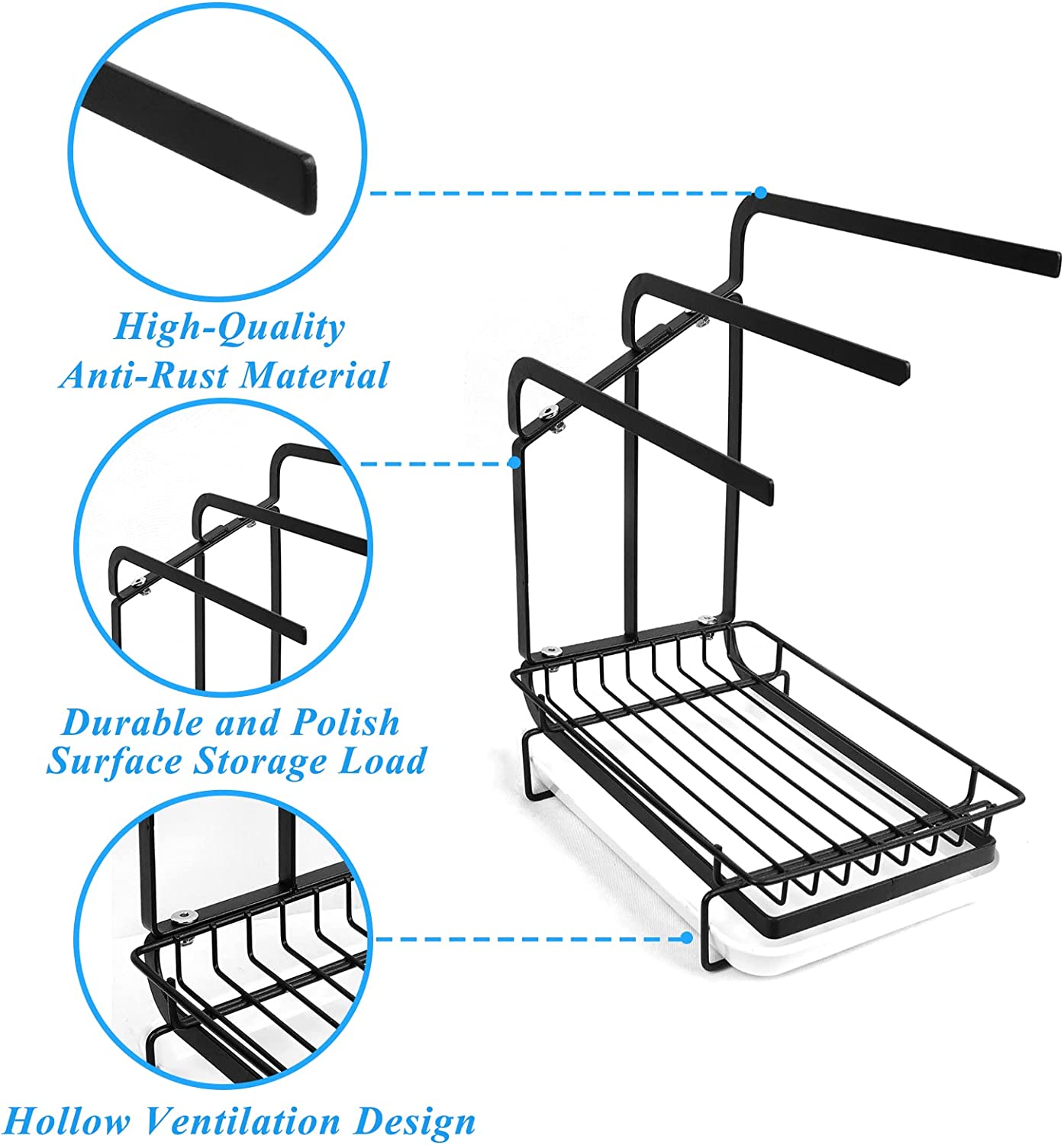 3 POLE Kitchen Sink Caddy Organizer For Sponge Brush Soap Dish Dishcloth Rack