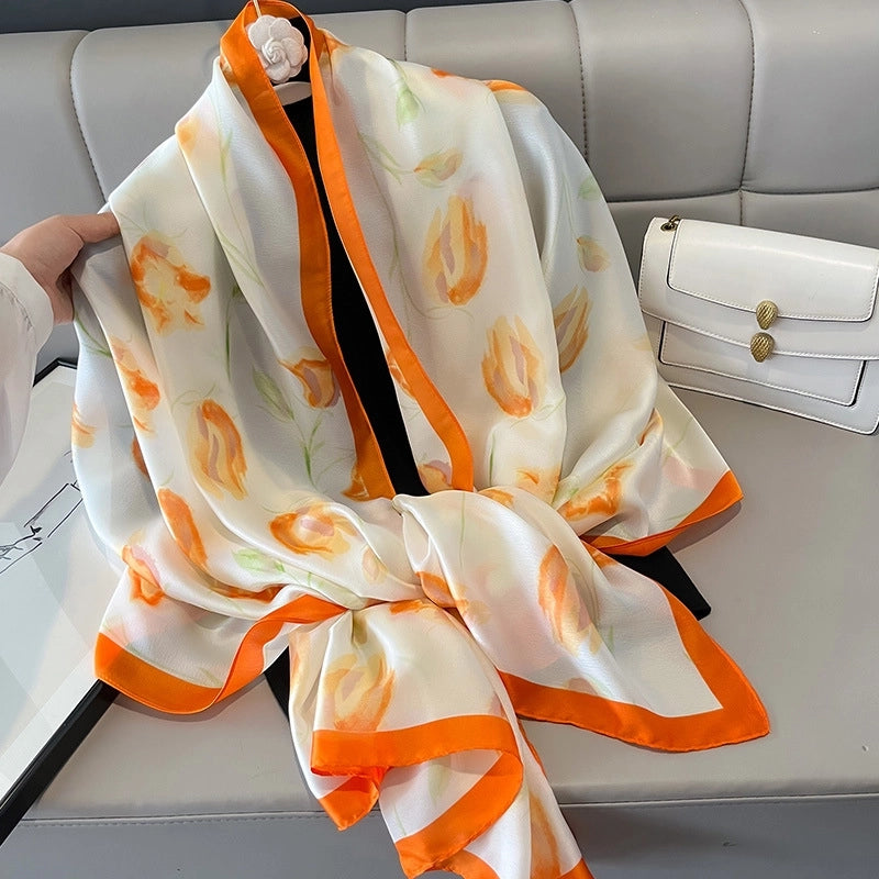 New Tulip Flower Silk Beach Towel Women's High-end Gift Summer Sun Protection Neck Protection