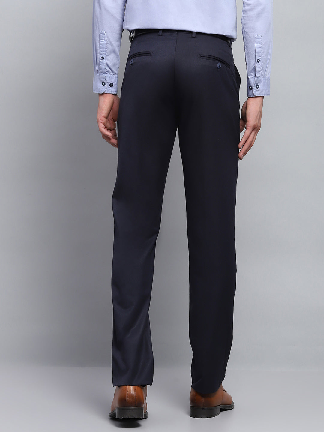 Men Navy Blue Solid Smart Fit Trouser