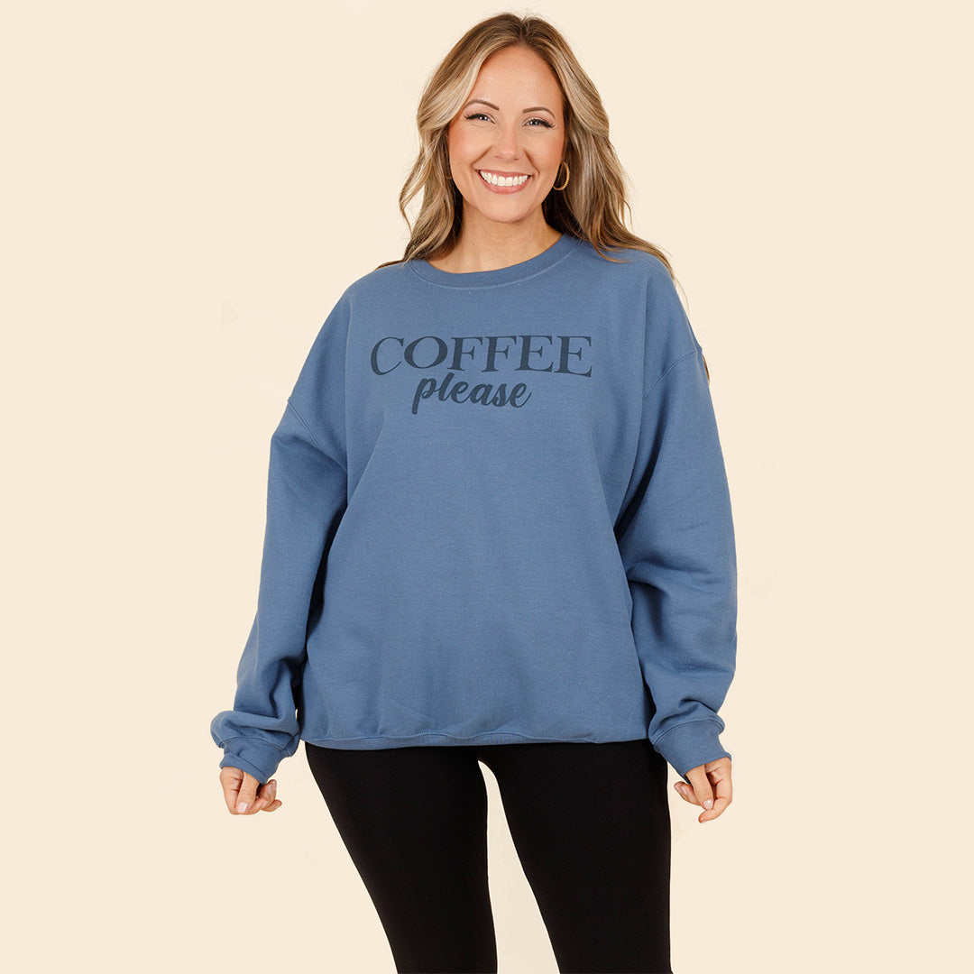 Coffee Please Sweatshirt. Indigo Blue