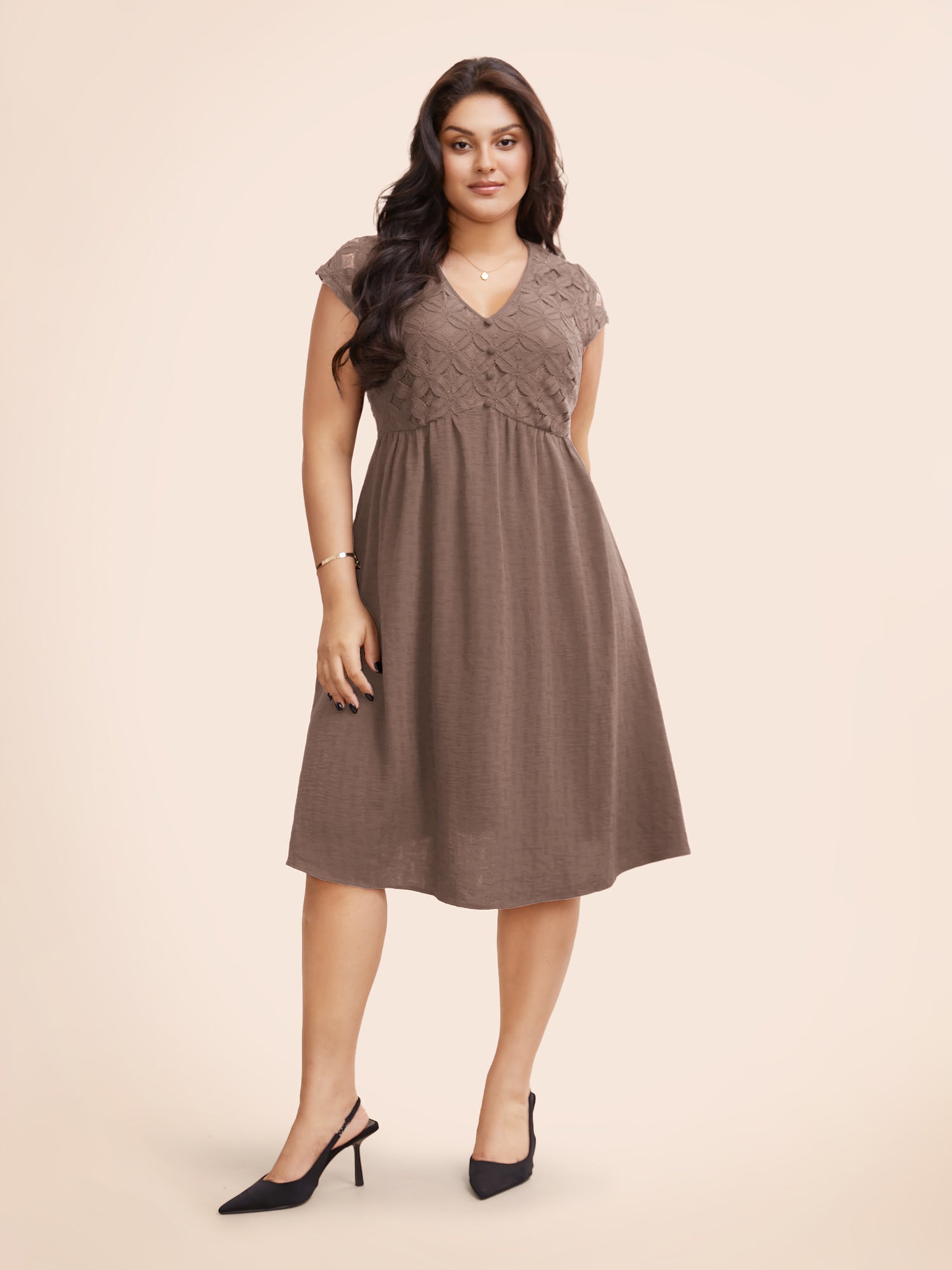 Plain Lace Panel Cap Sleeve Dress