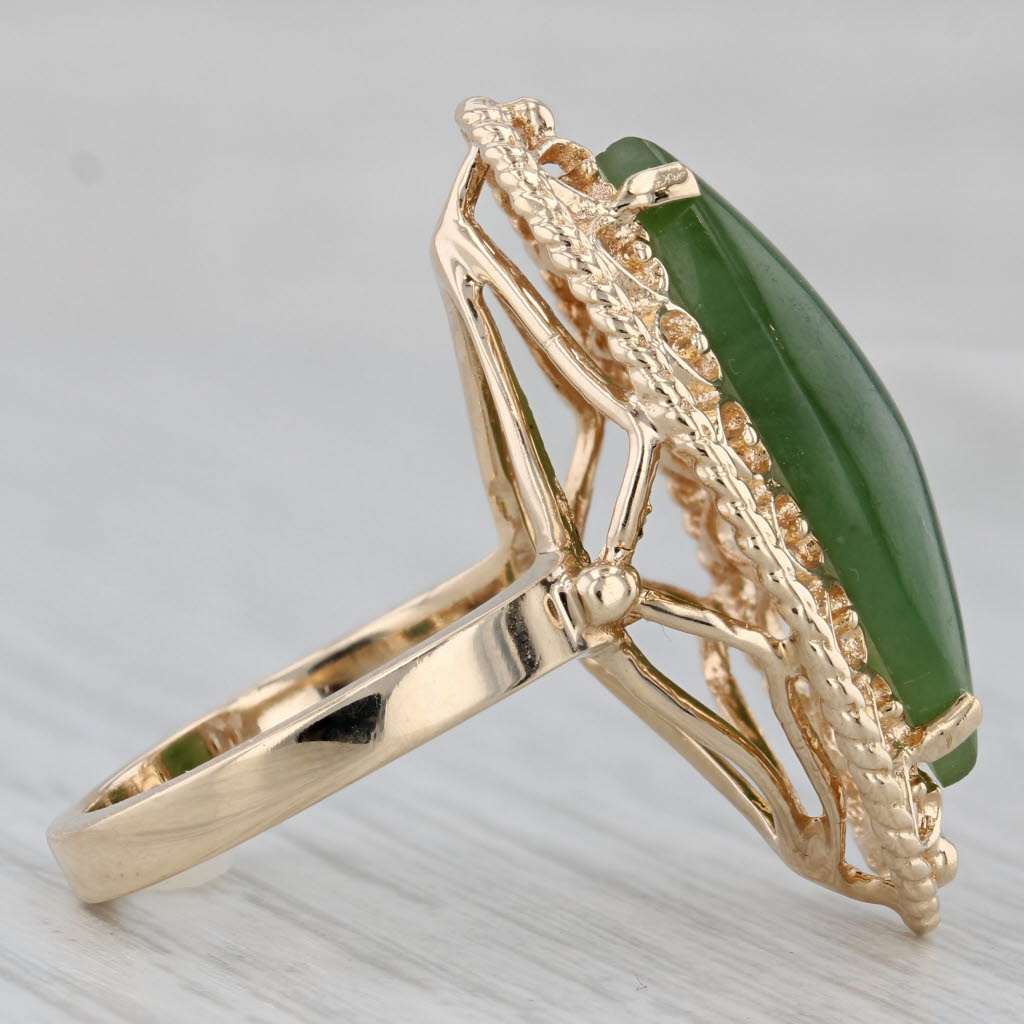 Green Nephrite Jade Navette Cabochon Ring 14k Yellow Gold Size 6.5