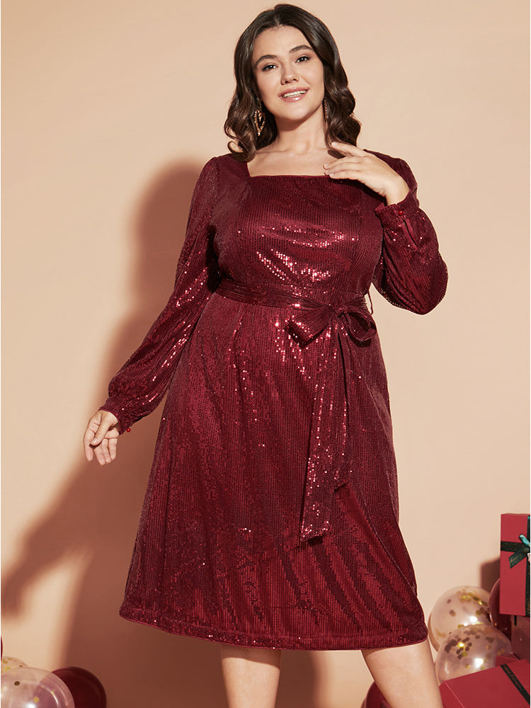Solid Square Neck Lantern Sleeve Belted Sequin Dress