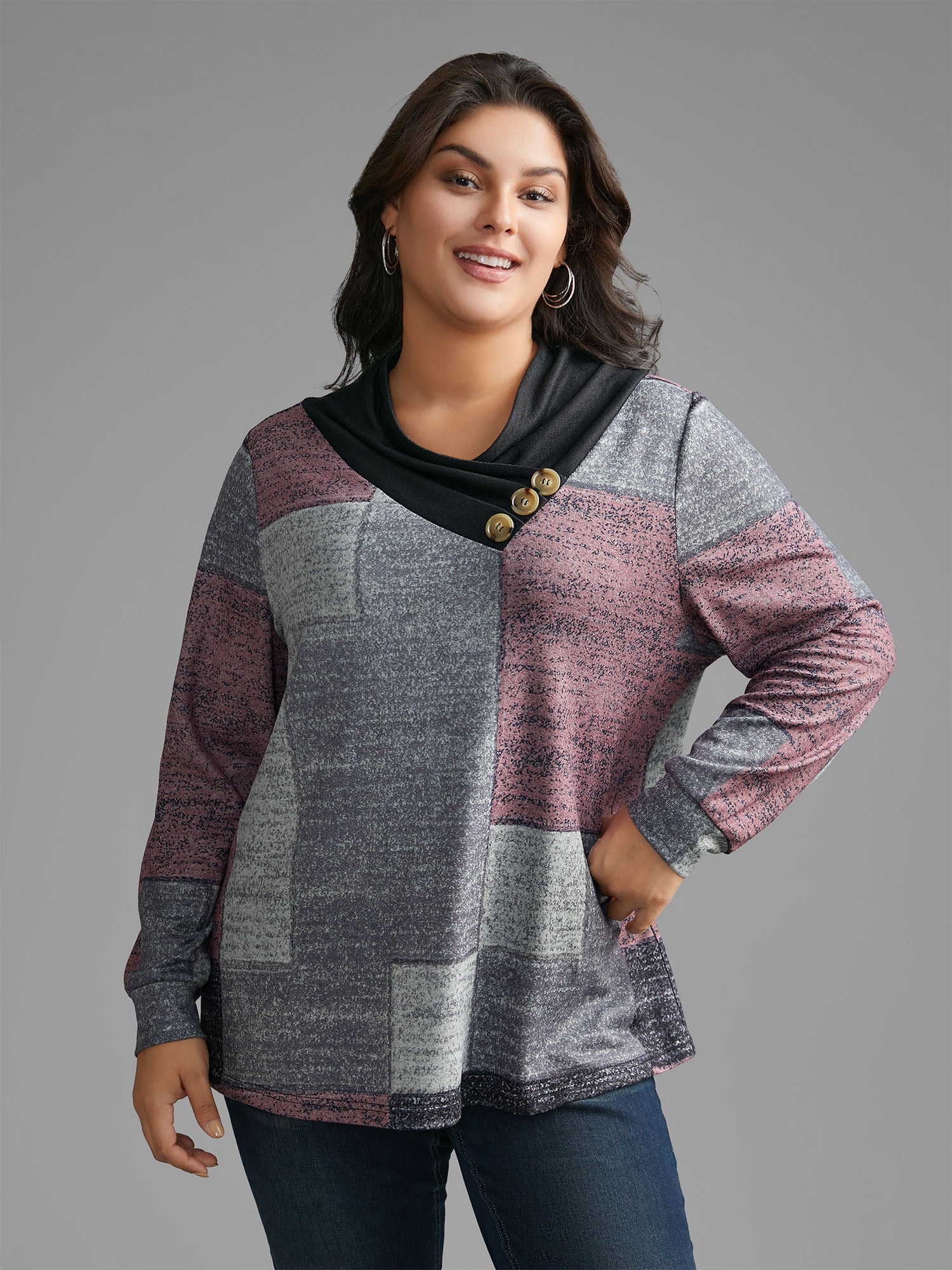Asymmetrical Colorblock Button Detail Pleated T-shirt
