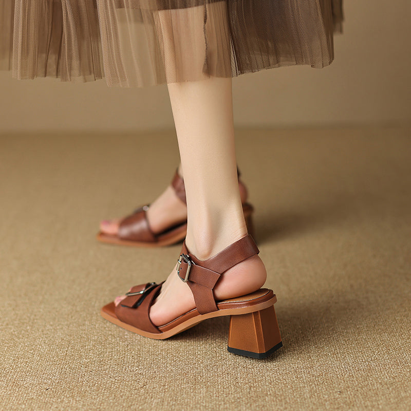 Summer Square Toe Open-Toe 50mm Block Heel Leather Sandals with Metal Buckle in Brown