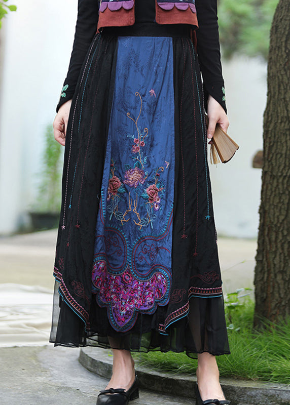 Vintage Black Embroidered Floral Tulle Patchwork Elastic Waist Linen maxi Skirts Fall