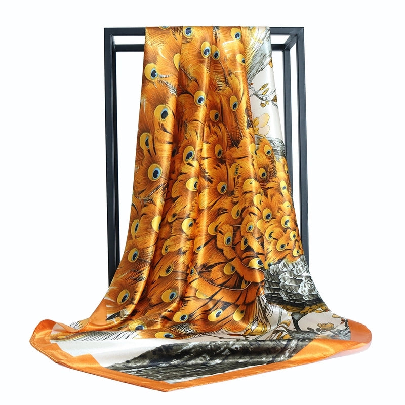 Women's Elegant Formal Peacock Flower Satin Silk Scarf