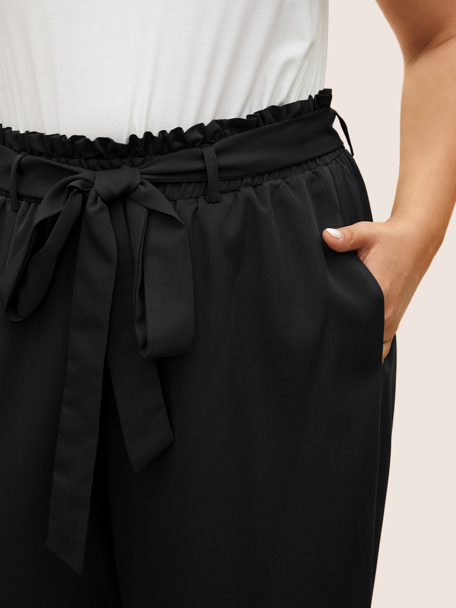 Plain Paperbag Waist Belted Wide Leg Pants