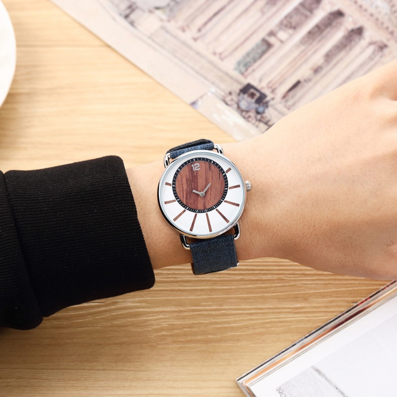 Classic Men's Quartz Watch Vintage Denim Strap Wooden Watch