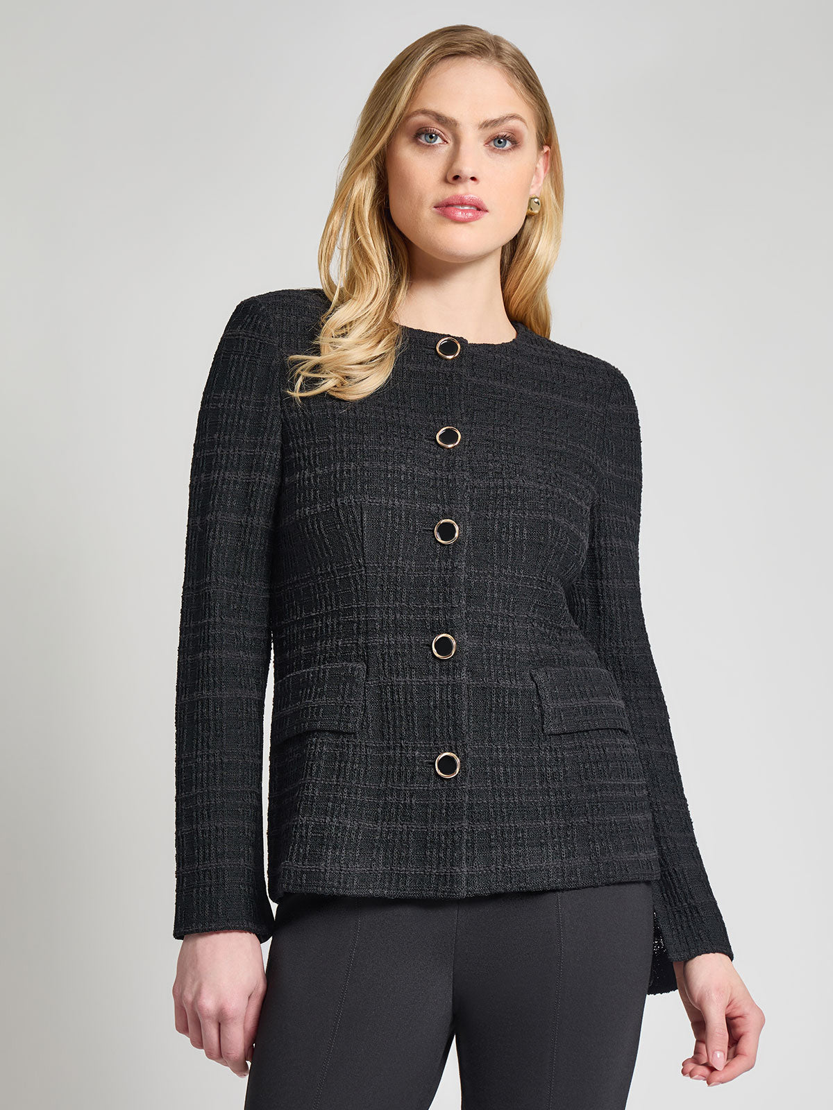 Tailored Tonal Plaid Knit Jacket, Black - Vanity Fit