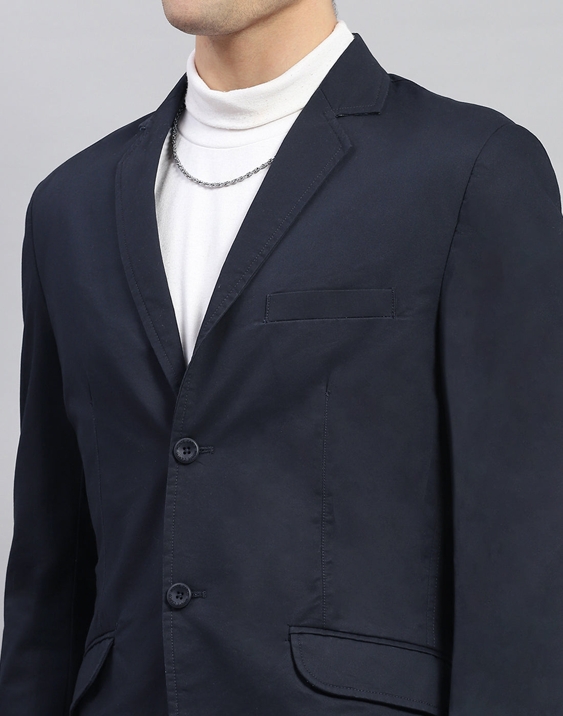 Men Navy Blue Solid Notch Lapel Collar Full Sleeve Blazer