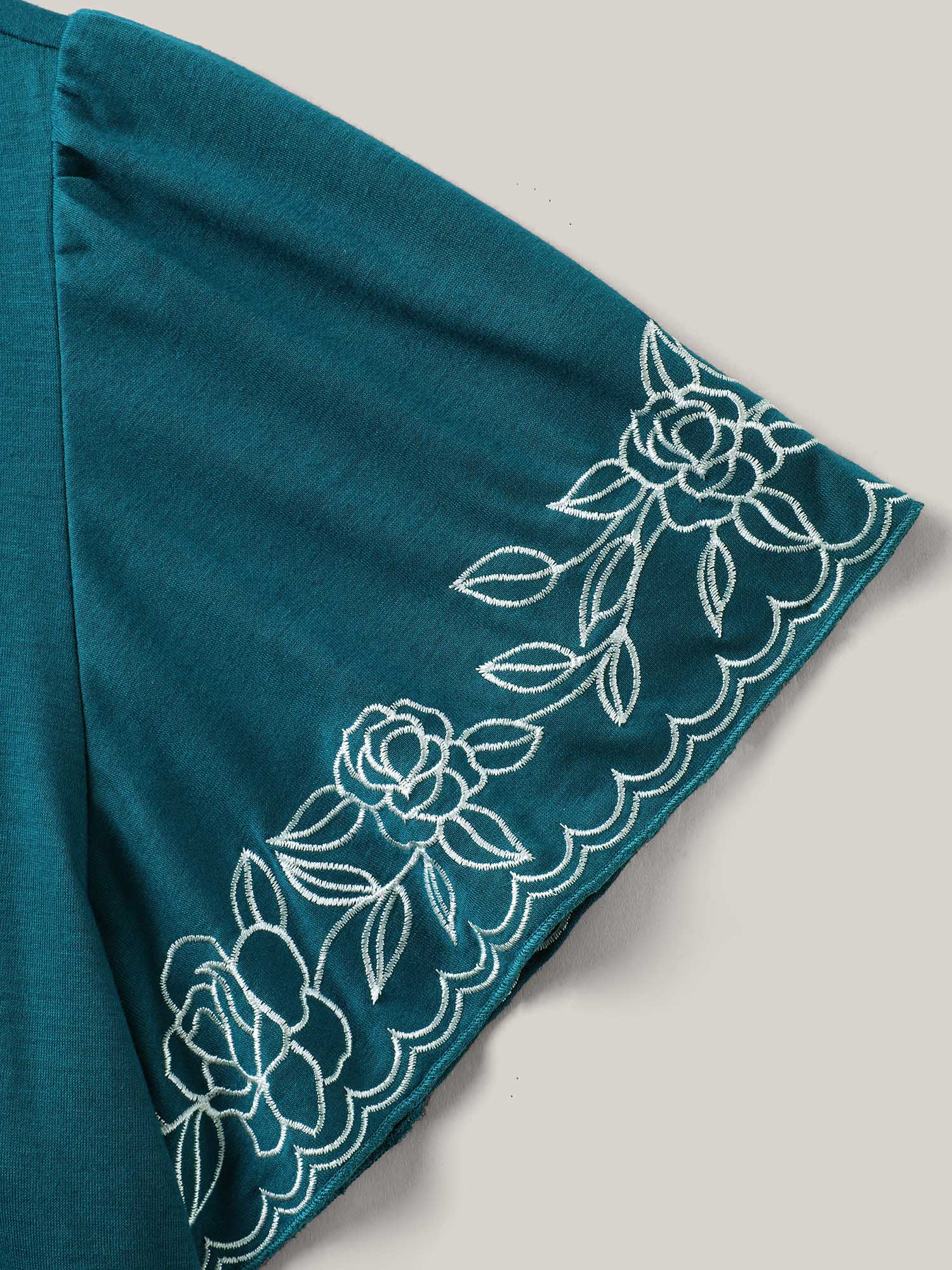 Floral Embroidery Split Neck Flowy Top