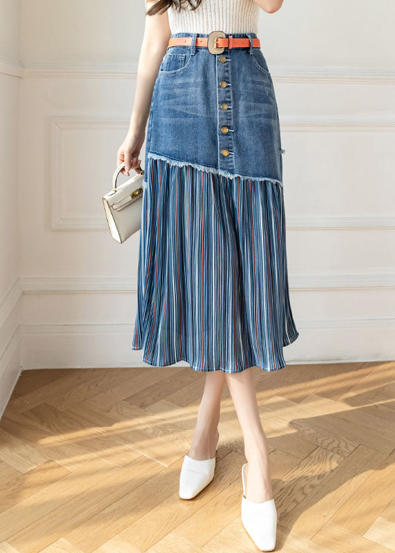 Modern Blue High Waist Sashes Asymmetrical Patchwork Cotton Denim Skirts Summer