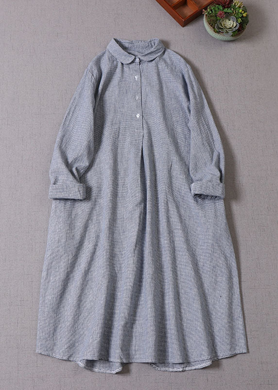 DIY Blue Peter Pan Collar Button Cotton Vacation Dresses Long Sleeve Spring
