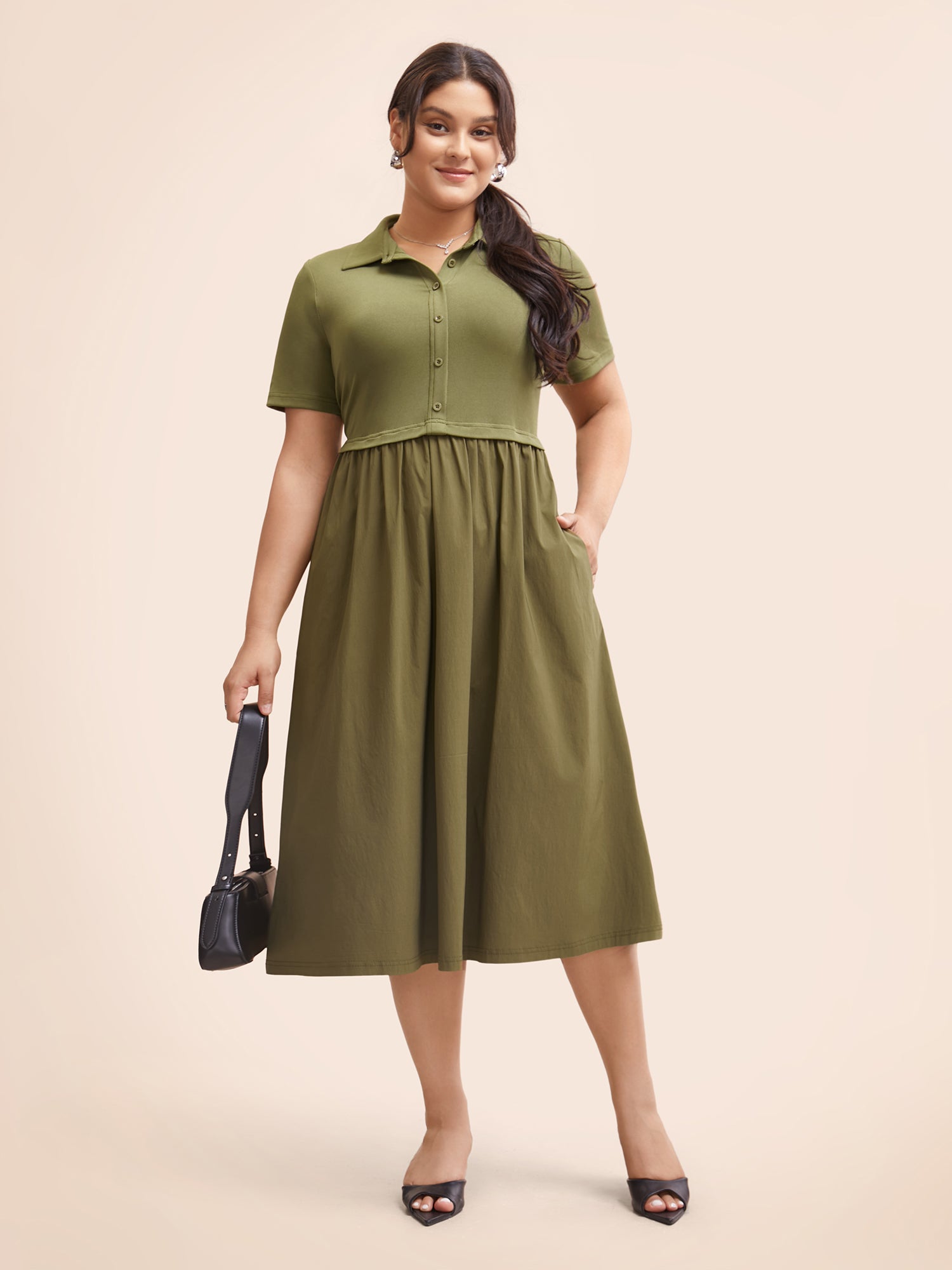 Stretch Woven Waist-Cinching Midi Dress