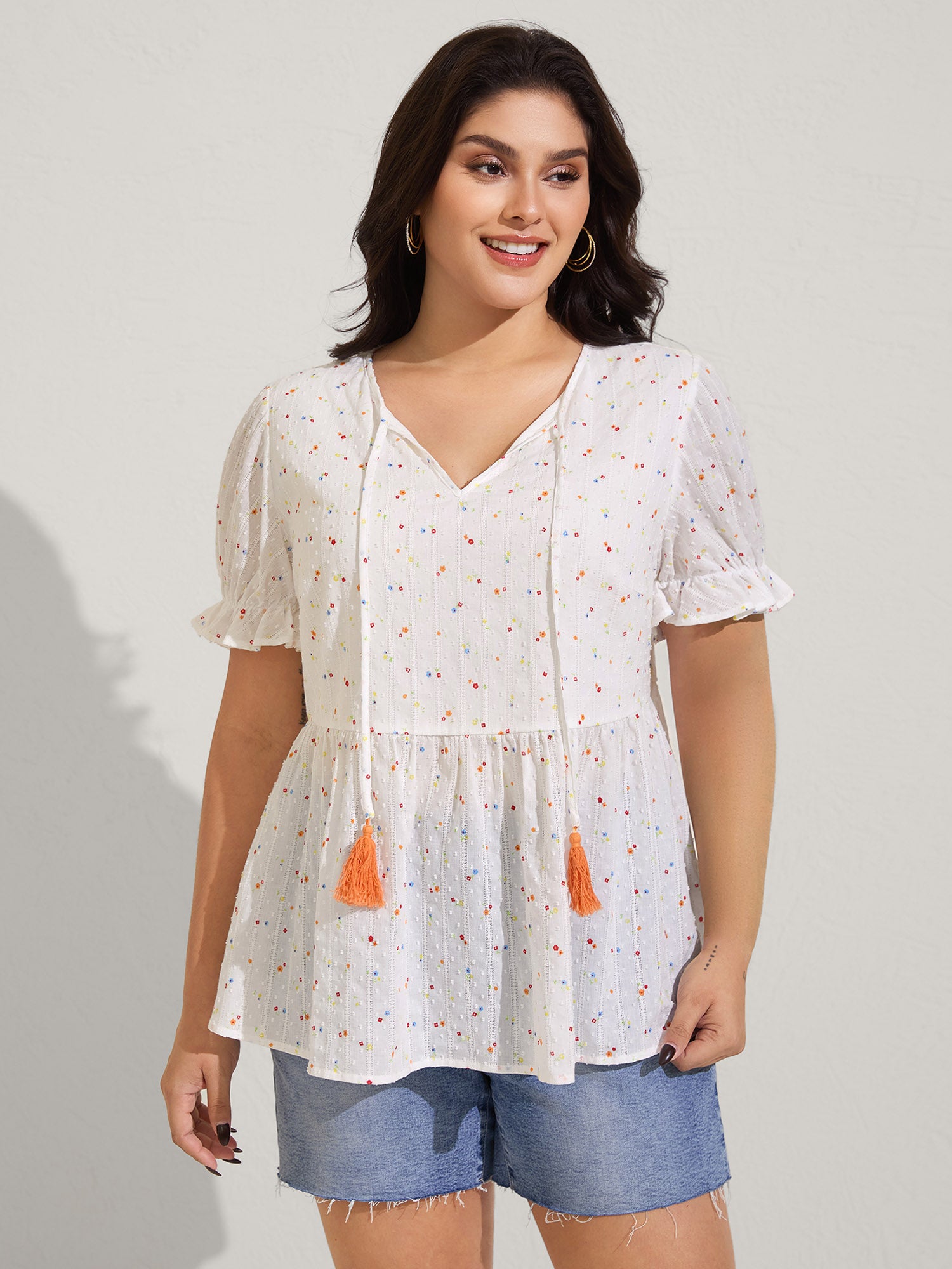 Cotton Colorful Embroidered Tassels Solid Blouse