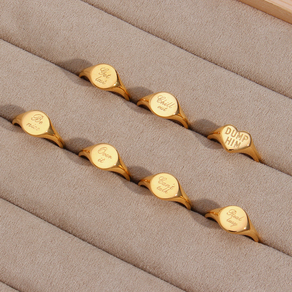 Minimalist Women Letter Number Text Stainless Steel 18K Gold Plated Rings