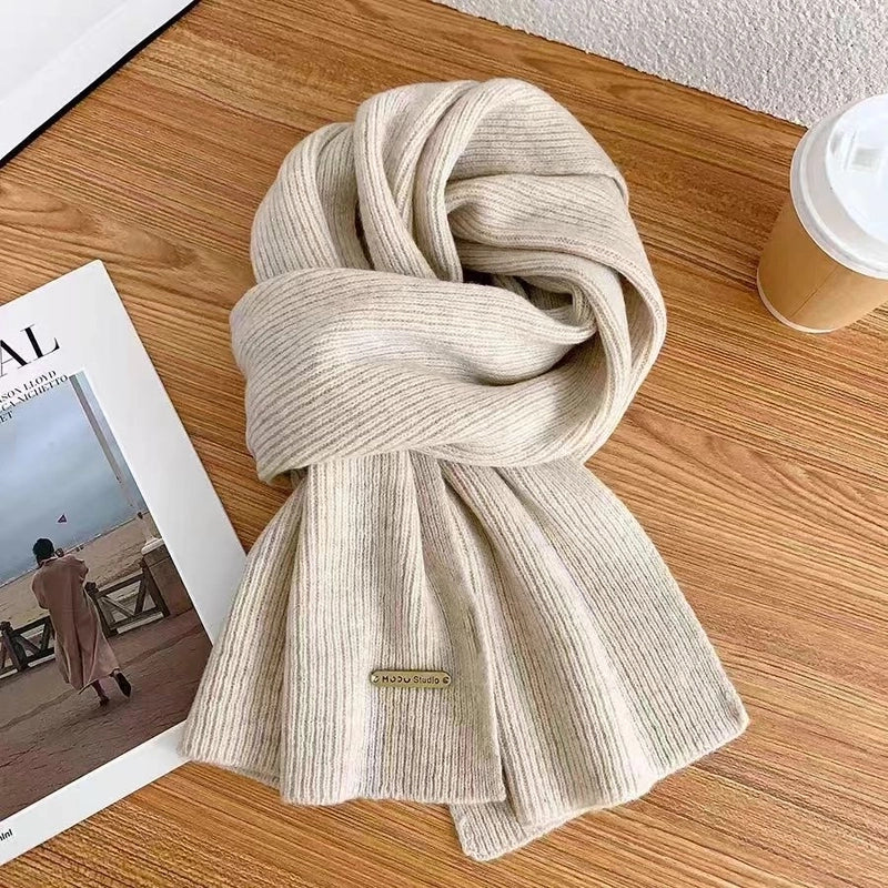 Scarf Women's Winter New Wool Knitted Solid Color Small Scarf Trendy Thickened Warm Long Scarf
